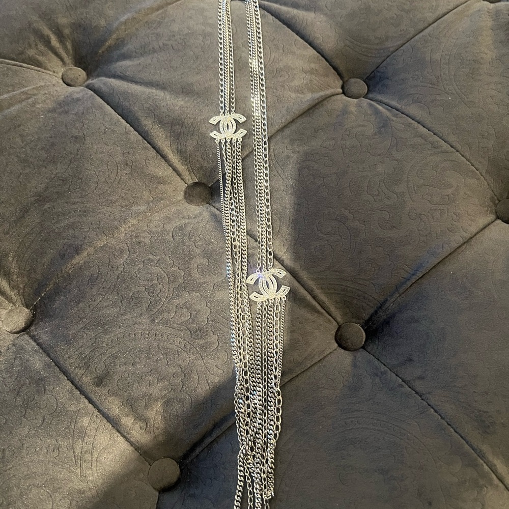 CHANEL Silver Multi-Layer Necklace with Logo Charms